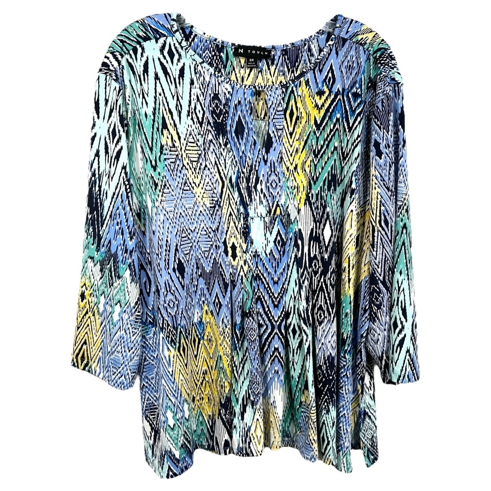 N Touch Plus Size 2X Top Blue Abstract Print 3/4‎ Sleeve Keyhole Blouse 745